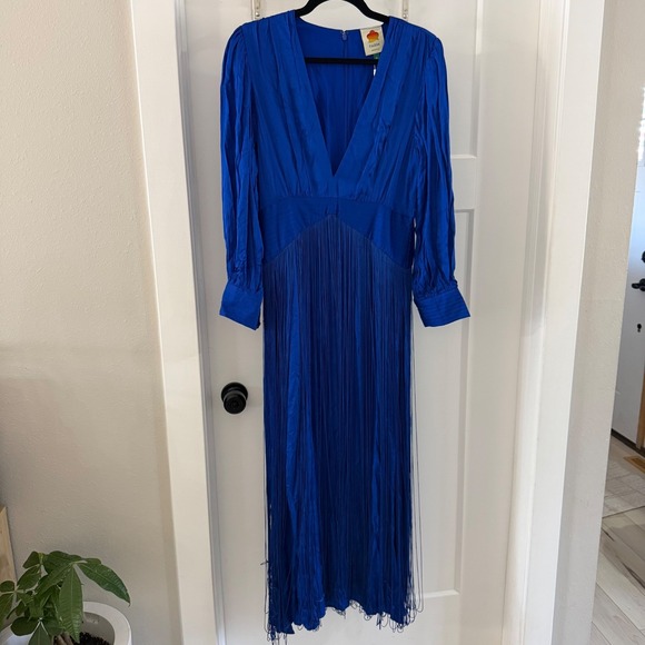 Farm Rio Bright Blue Fringes Maxi Dress Long Sleeve VNeck Beaded Size S Boho NWT